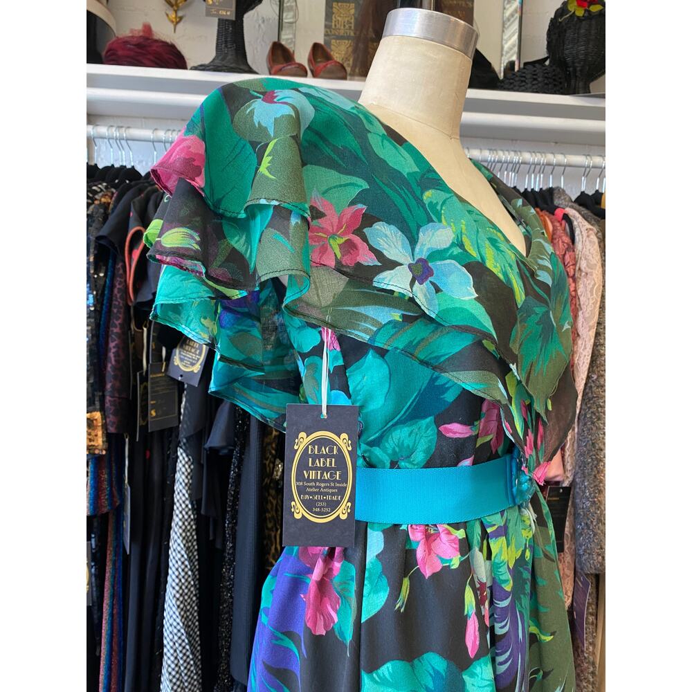 vintage 1980s black floral fit and flare dress, shawl flutter sleeves full skirt - Picture 5 of 10